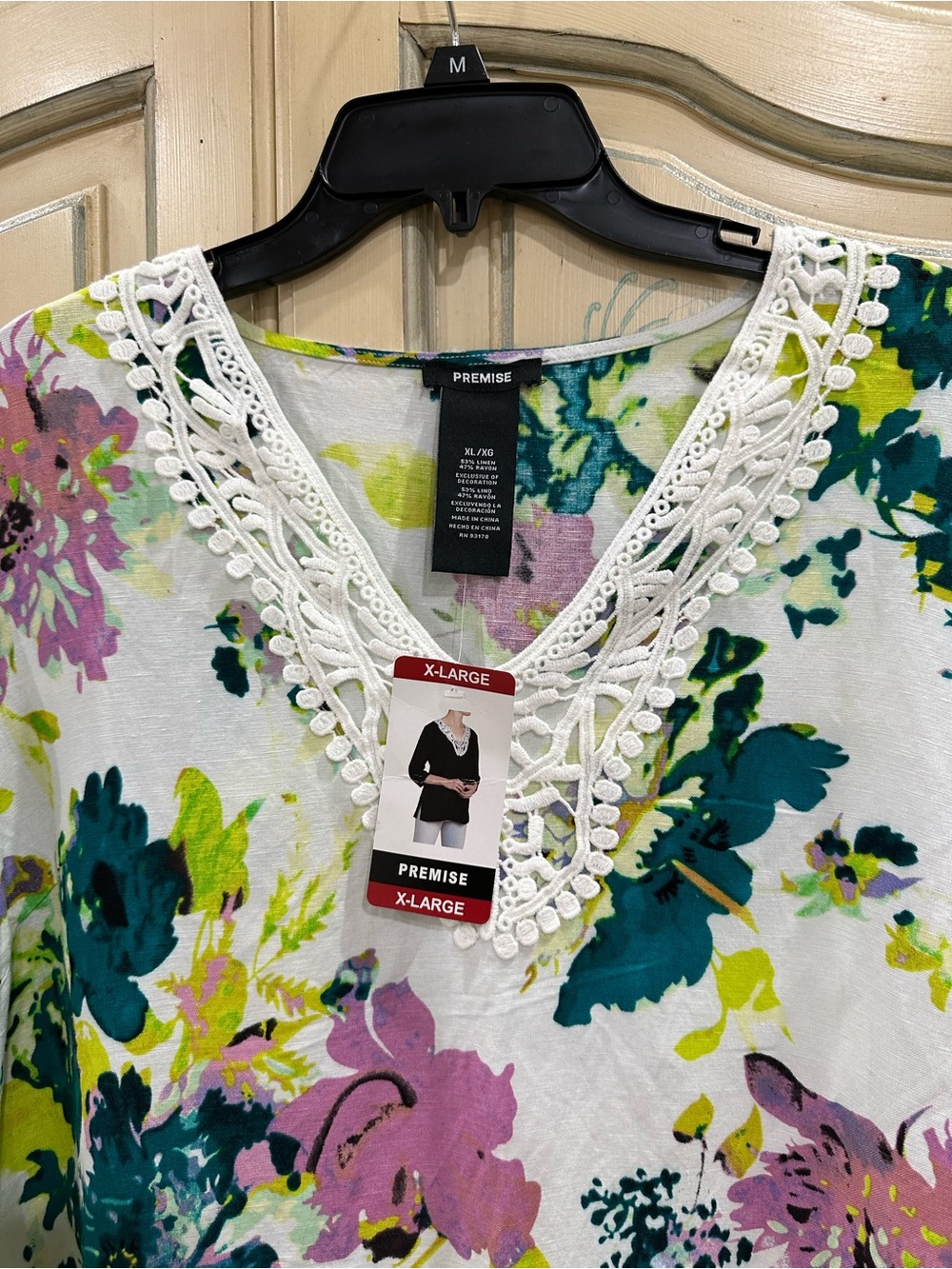 Premise Floral Crochet V-Neck Tunic in White with Teal, Lime & Lavender